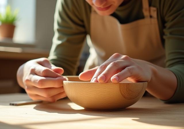 Person using sandpaper on a handcrafted wooden bowl