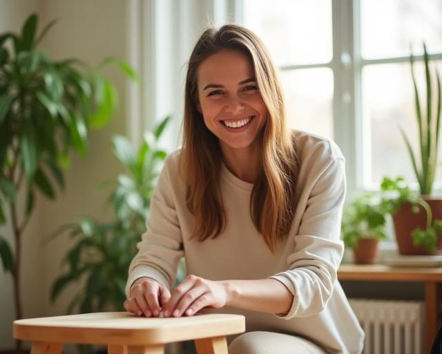 A beginner woodworking their first project in a bright NYC apartment